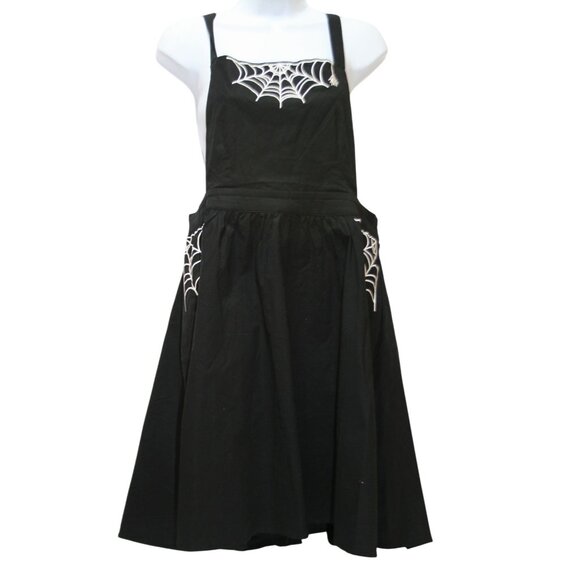 ModCloth Womens L Black Pinafore Apron Dress White Spiderwebs Halloween Witchy - Picture 1 of 8